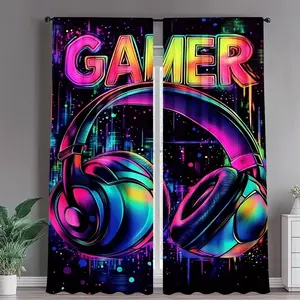 2-Piece Vibrant Gaming Headset Print Curtains, Stylish Rod Pocket Window Drapes for Bedroom & Living Room, Comfortable Atmosphere, Easy Installation