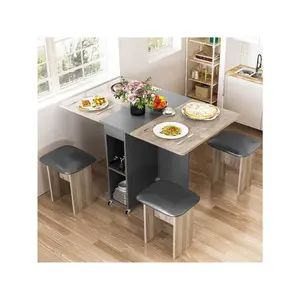 Drop Leaf Dining Table 5 Piece Set, Folding Dining Table And Chair Set For 4-6 People, Simple Dining Table Soft Leather Stools For Dining Room, Beige/Gray