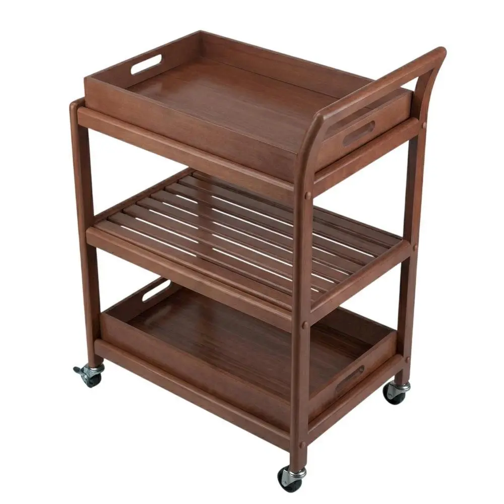 Solid Wood Kitchen Cart with Serving Trays - Vintage Rolling Bar Cart with Racks and Shelf