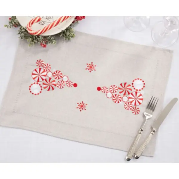 Saro Lifestyle 2071.S1420B Set of 4 Christmas Tree Placemats - 14x20 in. Rectangle, Metallic Silver Peppermint Trees, Sparkling Holiday Kitchen Tableware Decorations