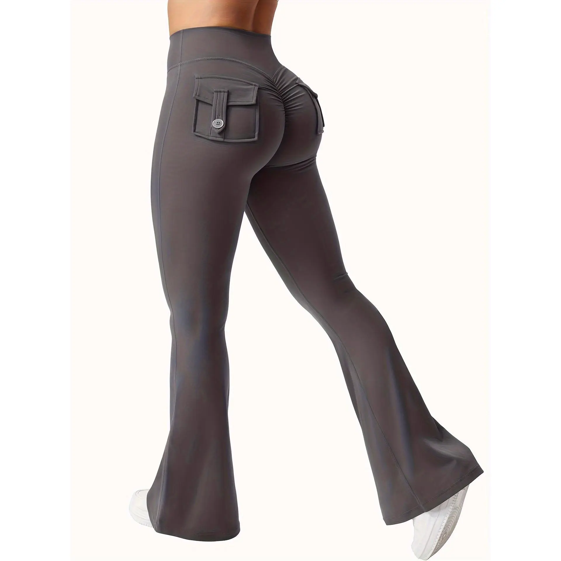 High Waist Wide Legs Slim Fit Women's Yoga Pants - With Phone Pocket, Solid Color, Full Of Elasticity - Suitable For Sports And Daily Wear