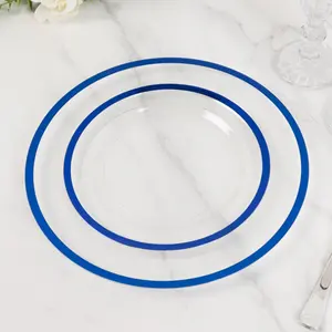 10-Pack Plastic 7" Round Appetizer Plates in Clear with Blue Rim - Sleek Disposable Salad Plates for Banquets & Special Occasions
