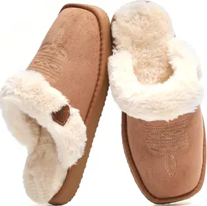 Fuzzy Western Slippers for Women Comfy Winter Fluffy House Cowgirl Boot Slippers with Memory  Indoor Outdoor Square