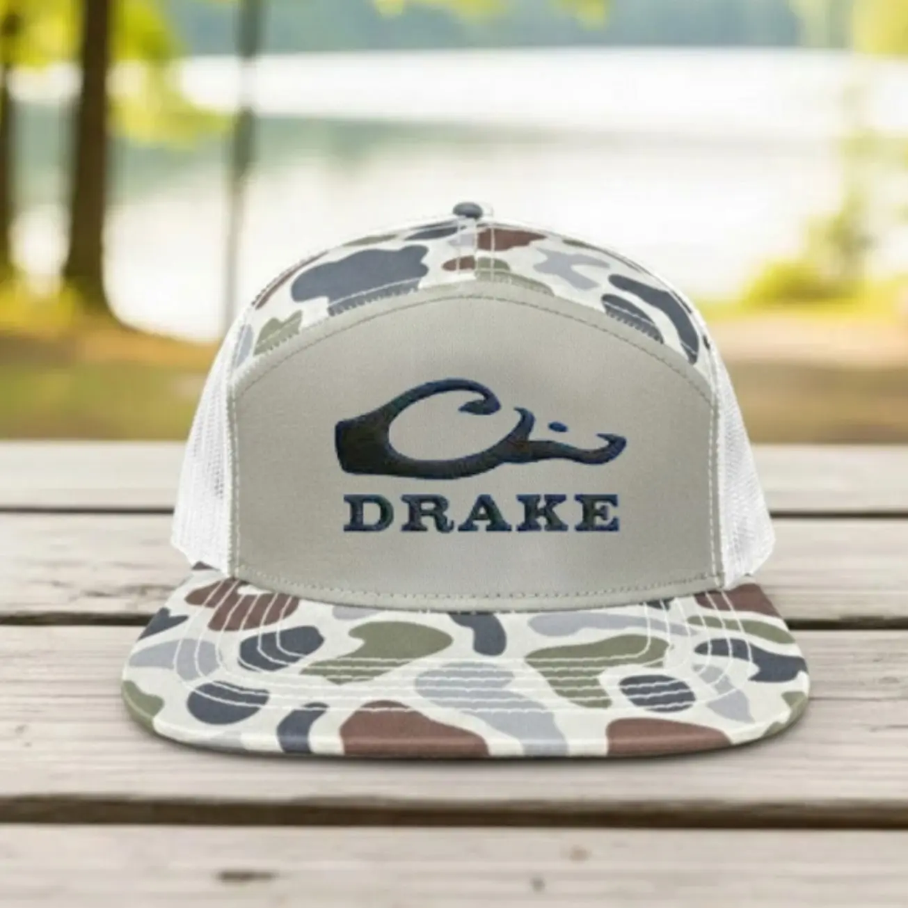 Drake Logo Camo Trucker Hat, Old School Bottomland 7 Panel Snapback Cap, Embroidered Hunting Hat for Men and Women