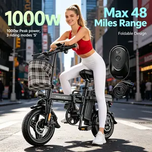 14'' Compact Foldable E-Bike with 1000W Drive Motor, 15Ah Detachable Battery for 48 Miles Long Range, High Carbon Steel Construction Dual Disc Brake, LED Speed Screen & Remote Unlock Lock, Urban Commuter & Outdoor Cycling Electric Bike