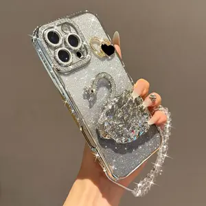 Glitter Swan Design Phone Case with Bracket & Beaded Chain, Anti-drop Shockproof Phone Protective Cover, Phone Accessories Compatible with Smartphone iPhone 16 15 14 13 12, Casing, Protector, Cellphone Protection