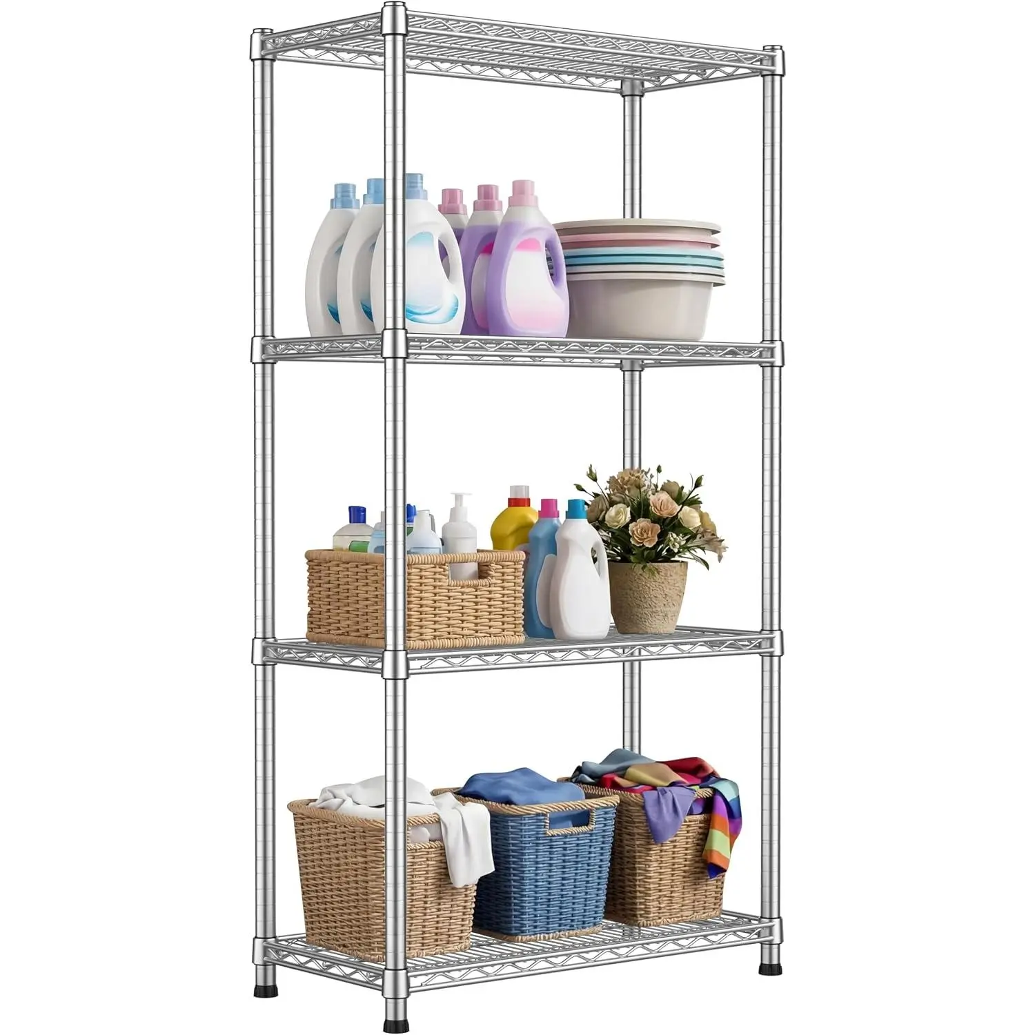 4-Tier Heavy Duty Chrome Steel Mesh Grid Wire Shelving Unit, Industrial Look Adjustable Storage Rack (2200 lbs Capacity, 13.8x30x59"), for Garage/Pantry Home Organization
