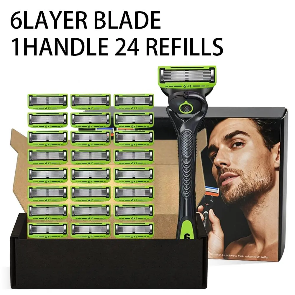 Men's All-in-1 Shaving Razors Set with 1 Handle and 12/24 Washable Blade Refills, 6-Layer Blades for a Smooth Shave, Reusable, All-In-One Set Razors（New and old packaging shipped at random）