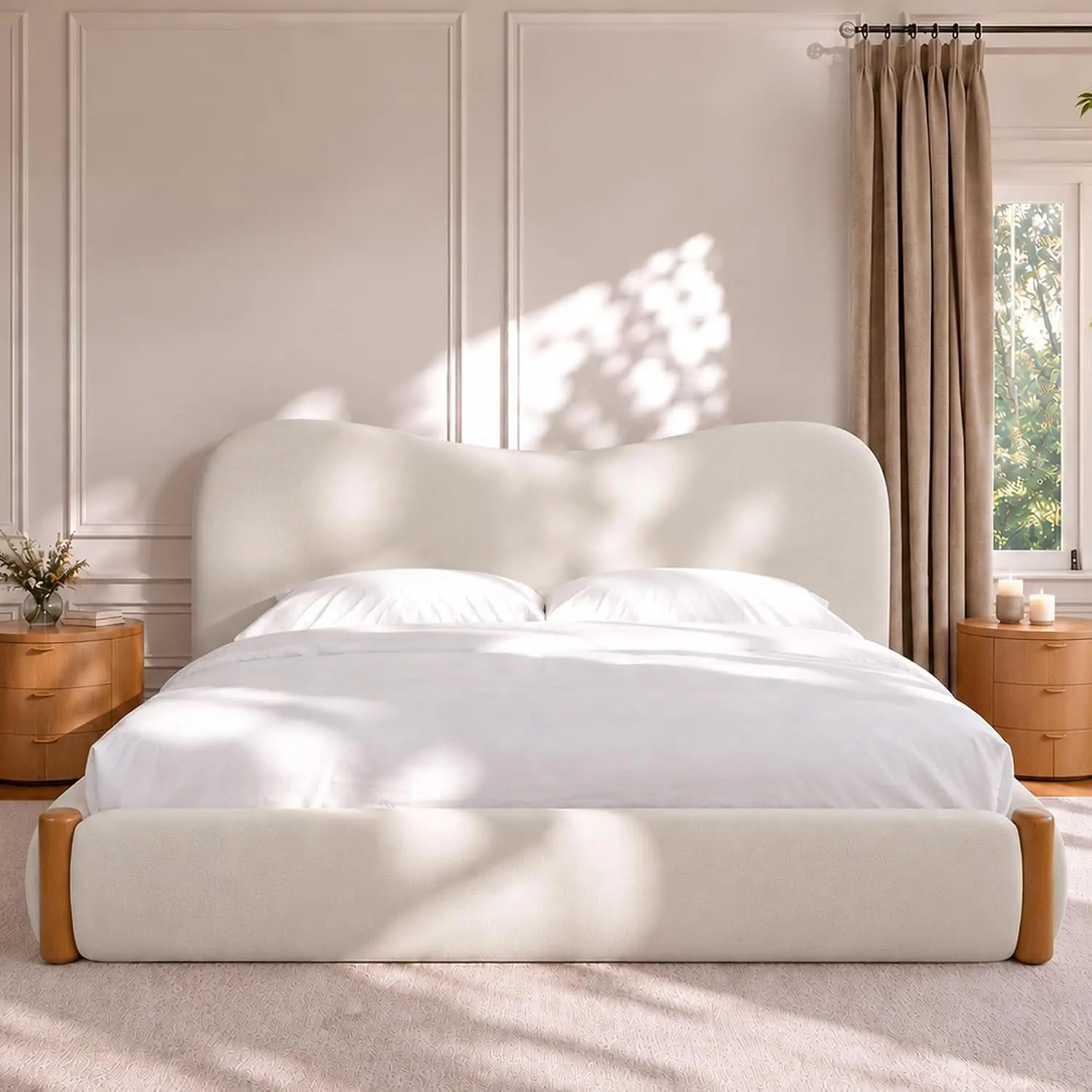 Yechen Cloud Bed Frame with Solid Wood Post, 6-inch Thick Headboard (Queen, King)
