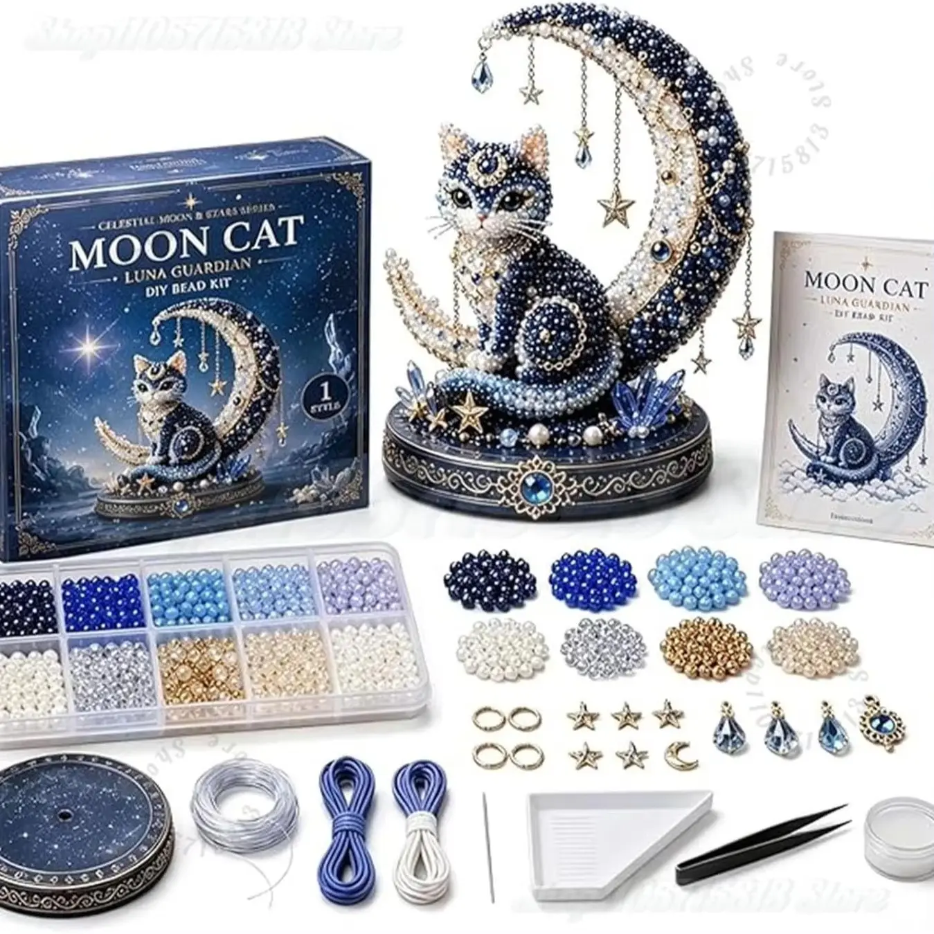 Moon Cat Luna Guardian DIY 3D Bead Craft Kit, Celestial Starry Sky Pearl Crystal Beading Set,Desktop Ornament Handmade Gift