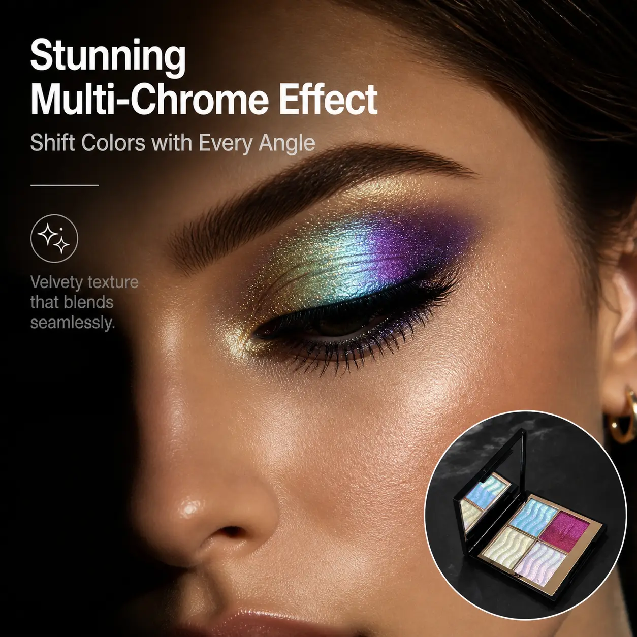 HERORANGE 4-Color Multichrome Eyeshadow with 02# Brush Set - Sparkly Color-Shifting Iridescent Cosmetic, Buildable Gold Glitter for Eyes & Cheeks, Waterproof Long-Lasting Sweat-Resistant, Blue Purple Red Glow, Beginner-Friendly Gifts for Women