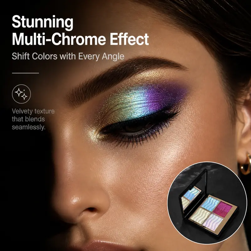 HERORANGE 4-Color Multichrome Eyeshadow Palette with 02# Brush Set - Shimmer, Bling Effect, Blue-Purple-Gold Color-Shifting Formula, Long-Wear, Less Touch-Ups, Beginner-Friendly, Gluten-Free, Alcohol-Free, Halloween Makeup, Gift for Friends