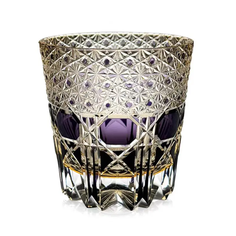 Hand-made Whiskey Glasses Japanese Style 11OZ Unique Shape Colored Hand Carved Glass Tumbler for Bourbon Lovers - Style Glassware for Rum - Rocks Glass in Gift Box  Purple Summervibes