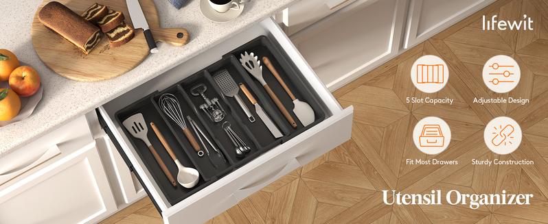 Lifewit 5 Compartments Expandable Cooking Utensil Tray- Tableware, BPA-Free PP Material