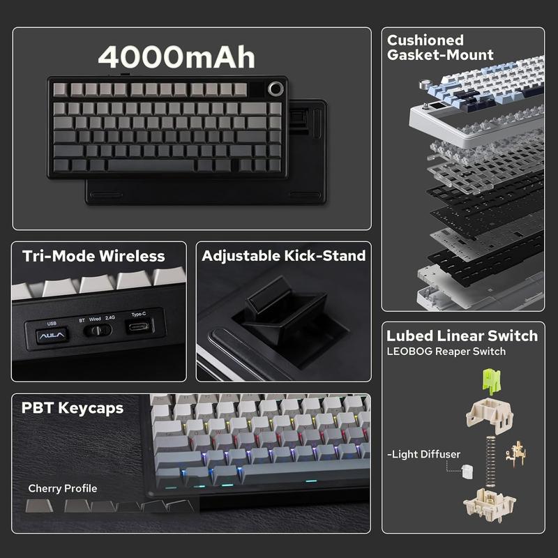 Aula F75 MAX Wireless Mechanical Keyboard 75% Layout Hot Swappable RGB Backlit Gasket Design TFT Screen Knob for PC Mac Linux