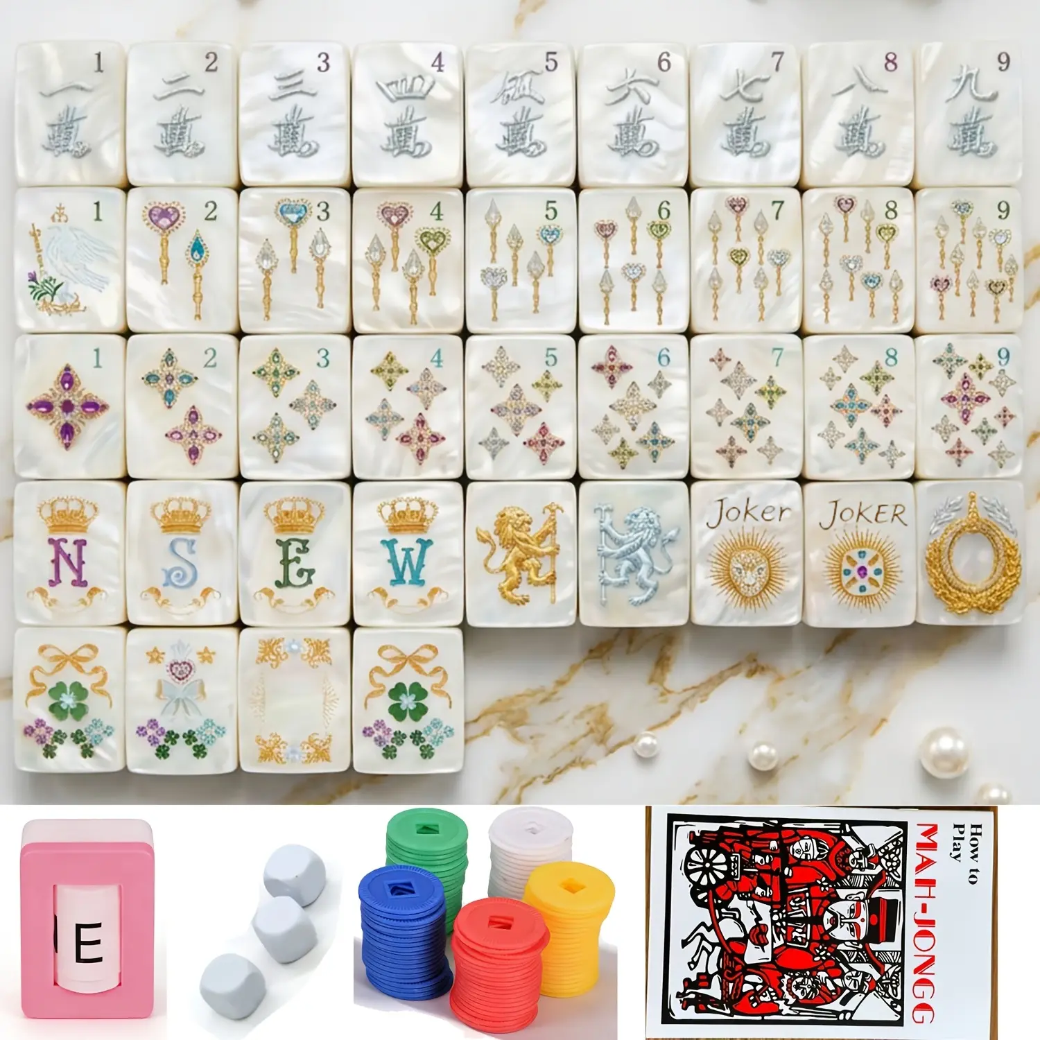 JXJ Mahjong Tile, 160pcs Acrylic Engraved American Mahjong Tile Suitable for Home Use, Handheld Travel And Tabletop Game with French, Plastic Tiles For, Portable Mahjong Board for Parties, Tournaments, Gifts, White pearl (Acrylic) ,1.4in 3.6cm