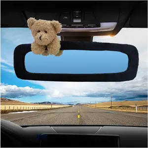 Cute Cartoon Car Rear View Mirror Cover, Elastic Plush Car Rearview Mirror Protector, Car Interior Decor Accessories for Girls Women (Black-Brown Bear) girly car accessories car decor steeringwheelcover