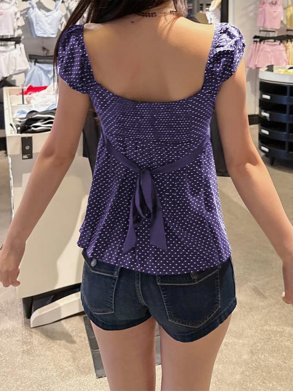 Polka Dot Square Neck Tie Top, French Vintage Style Slim Fit, Perfect for Daily and Dates, Women's Fashion