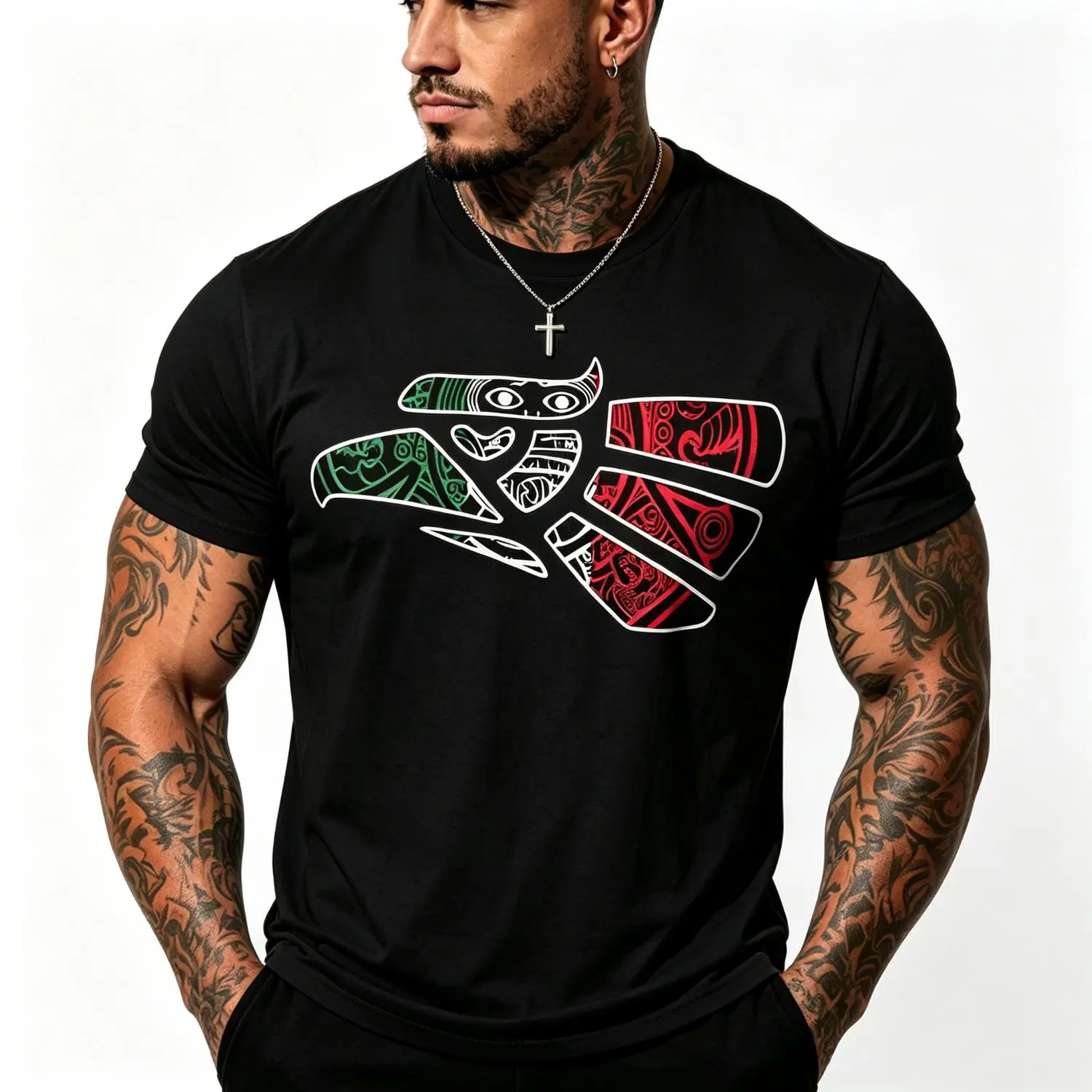 Latino Heritage T-shirt Featuring Green White Red Mexico Eagle Tribal Art Design with Mexico Flag Tattoo Eagle Theme for Men and women