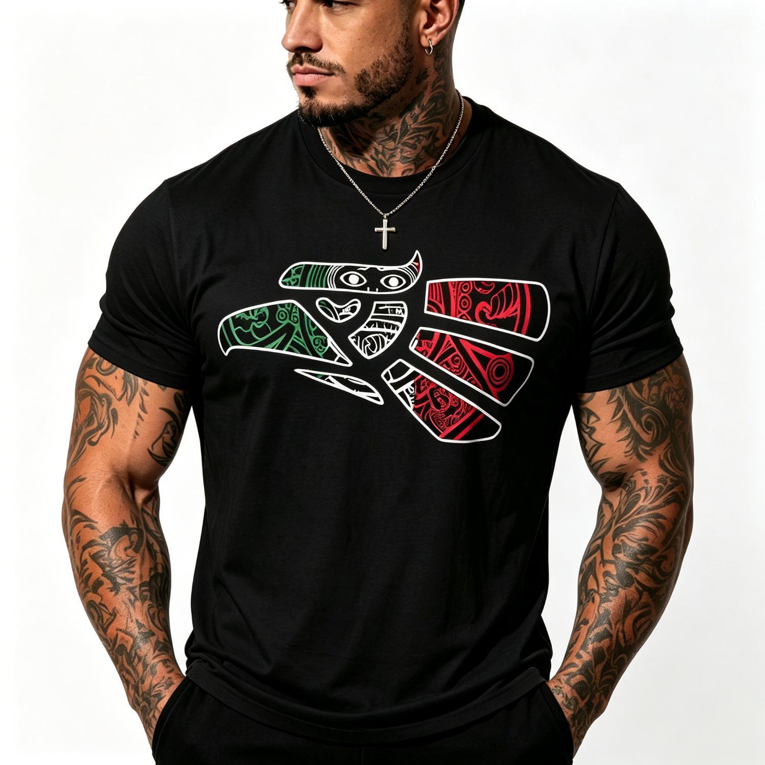Latino Heritage Cotton T-shirt Featuring Green White Red Mexico Eagle Tribal Art Design with Mexico Flag Tattoo Eagle Theme for Men