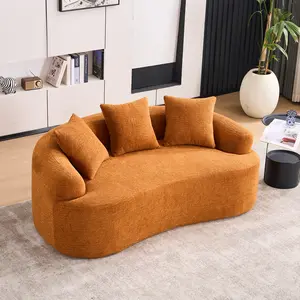 LY-025S Curved Faux Leather Loveseat - Orange 30D Chenille Compact Sofa with Full Compression Sponge, No-Assembly, 55.1"L, 300 lbs Weight Capacity for Small Spaces, Indoor Living Room Faux Leather Couch