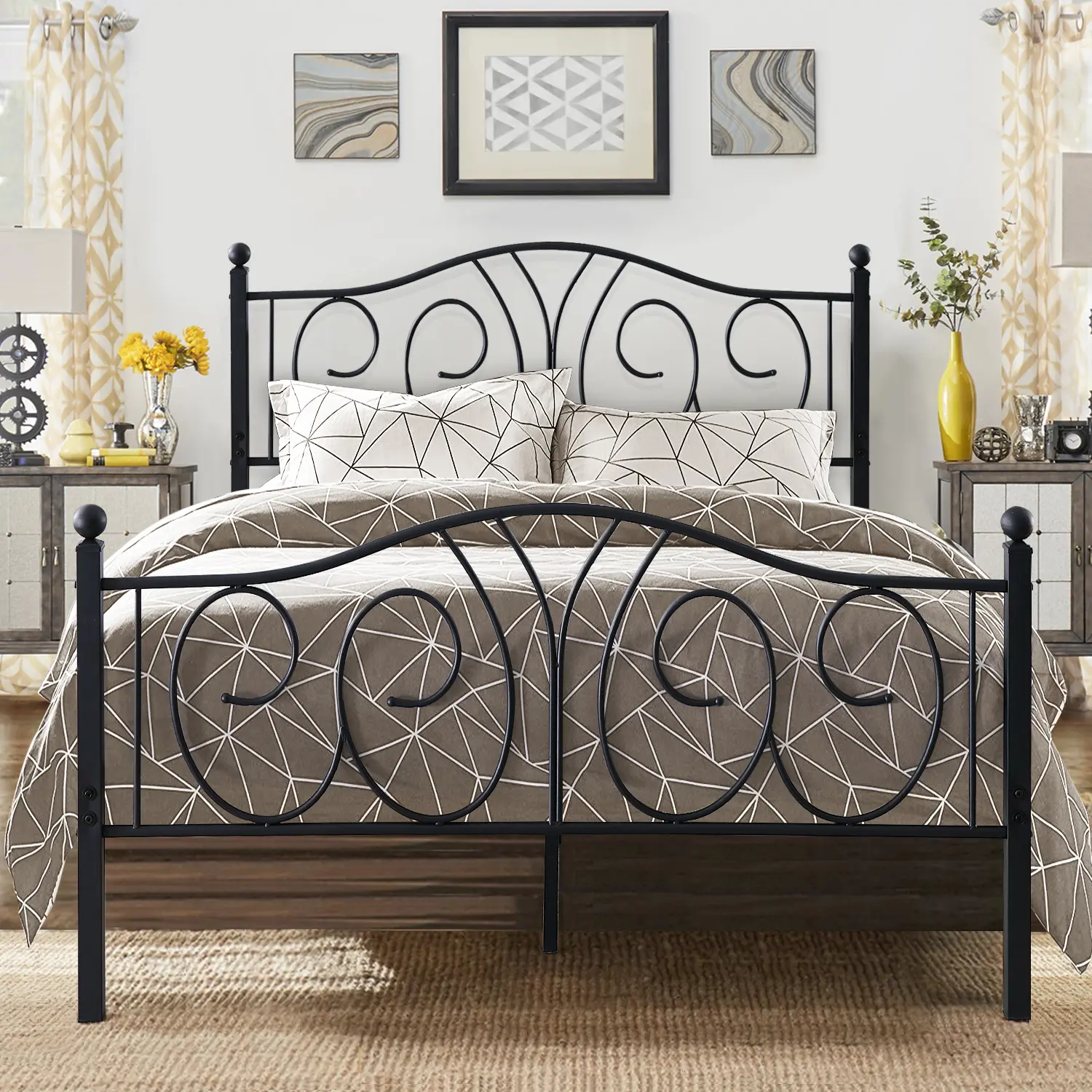 VECELO Metal Bed Frame, Headboard And Footboard With Patterned Metal Strips, Heavy-Duty Mattress Base, Steel Slat Supports, No Box Spring Required, Easy To Assemble, Black