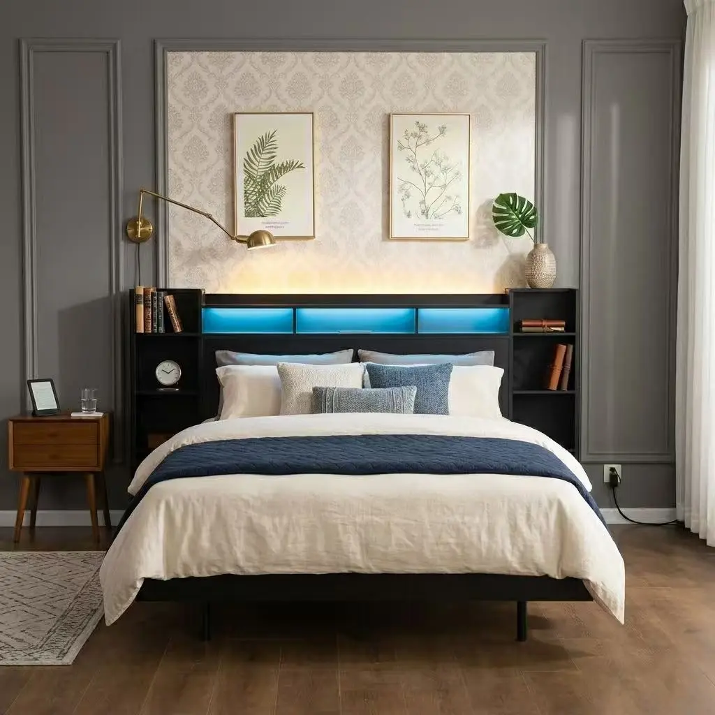 Twin Bed Frame - Sturdy Metal Platform Floating Bed with Built-in USB Charging Station, Hidden Storage Headboard, Built-in Light, No Box Spring Needed, Black, Built-In Light Bed Frames