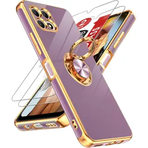 T-Mobile Revvl 7 5G Case with 2 Pack Tempered Glass Screen Protector & 360? Rotatable Ring Holder, Rose Edge, Purple - Protection