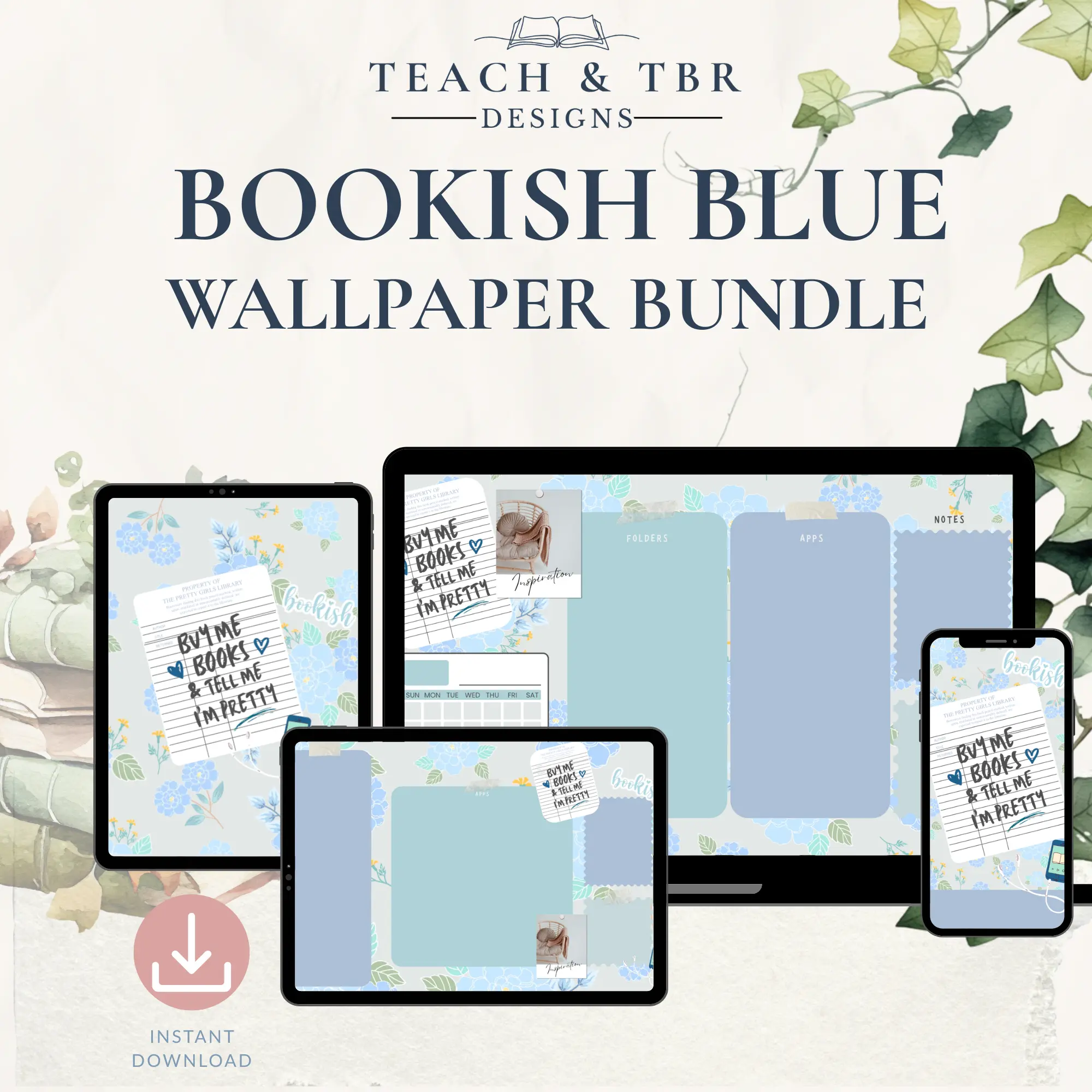 Bookish Wallpaper Bundle | Blue Desktop, Tablet & Phone Wallpapers | Book Lover Digital Backgrounds | Instant Download
