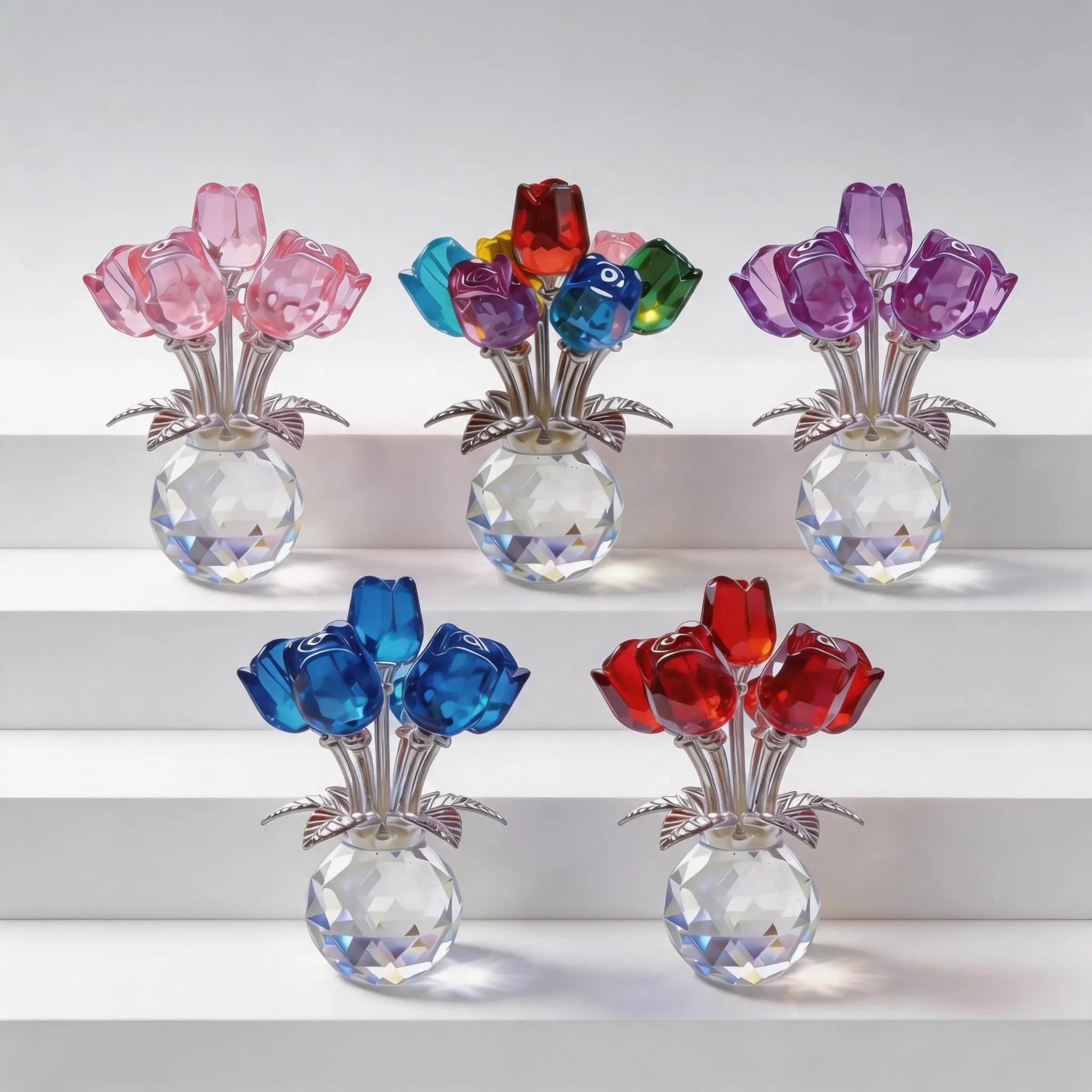 7 Roses Glass Crystal Artificial Flower Decoration - Feminine Fake Floral Home & Workspace Tabletop Decor, Wedding Gift