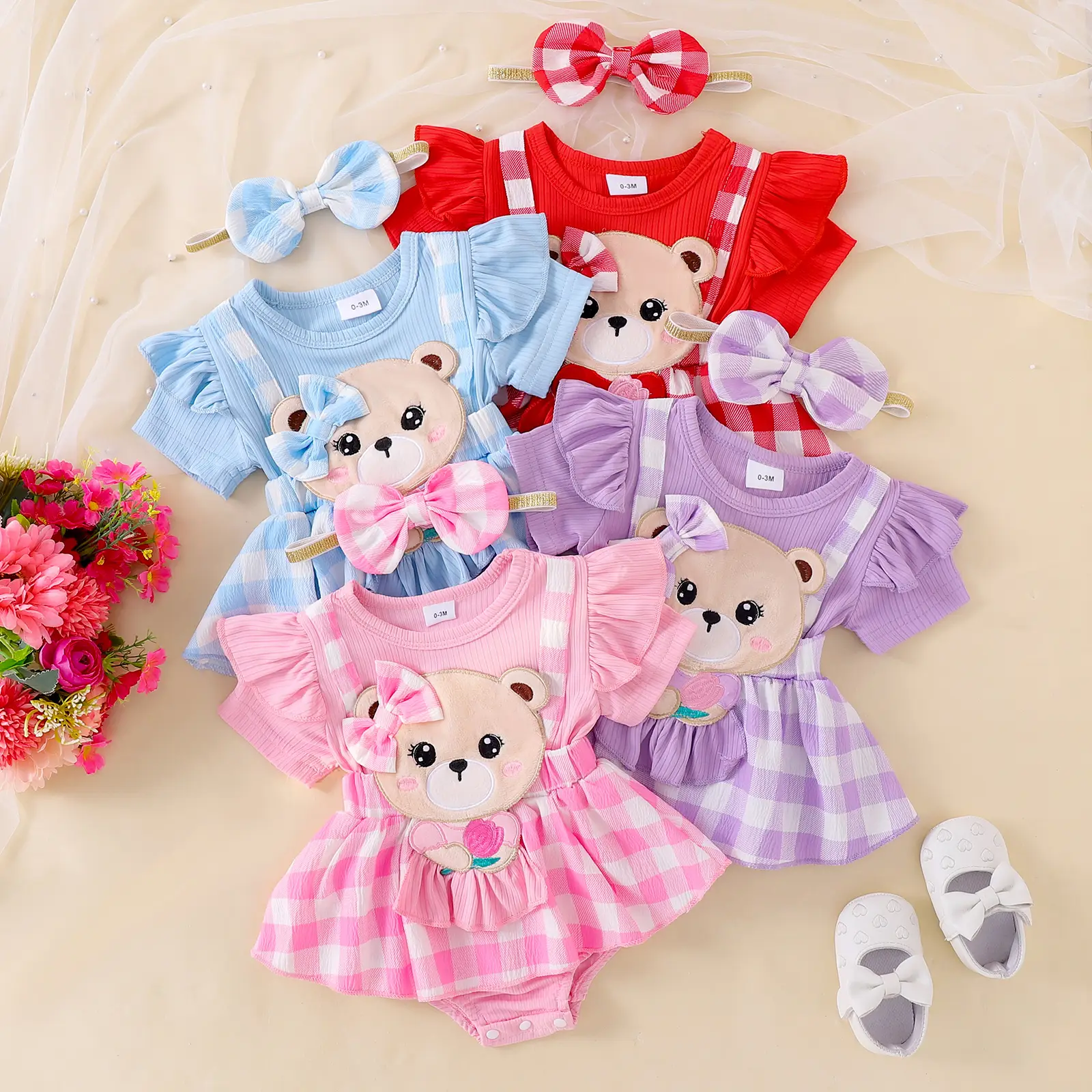 Baby Girl Summer Clothes Infant Romper Dress Bear Patch Fake Two-Piece Ruffle Short Sleeve Bodysuit with Bow Headband 2 Pcs Summer Outfit