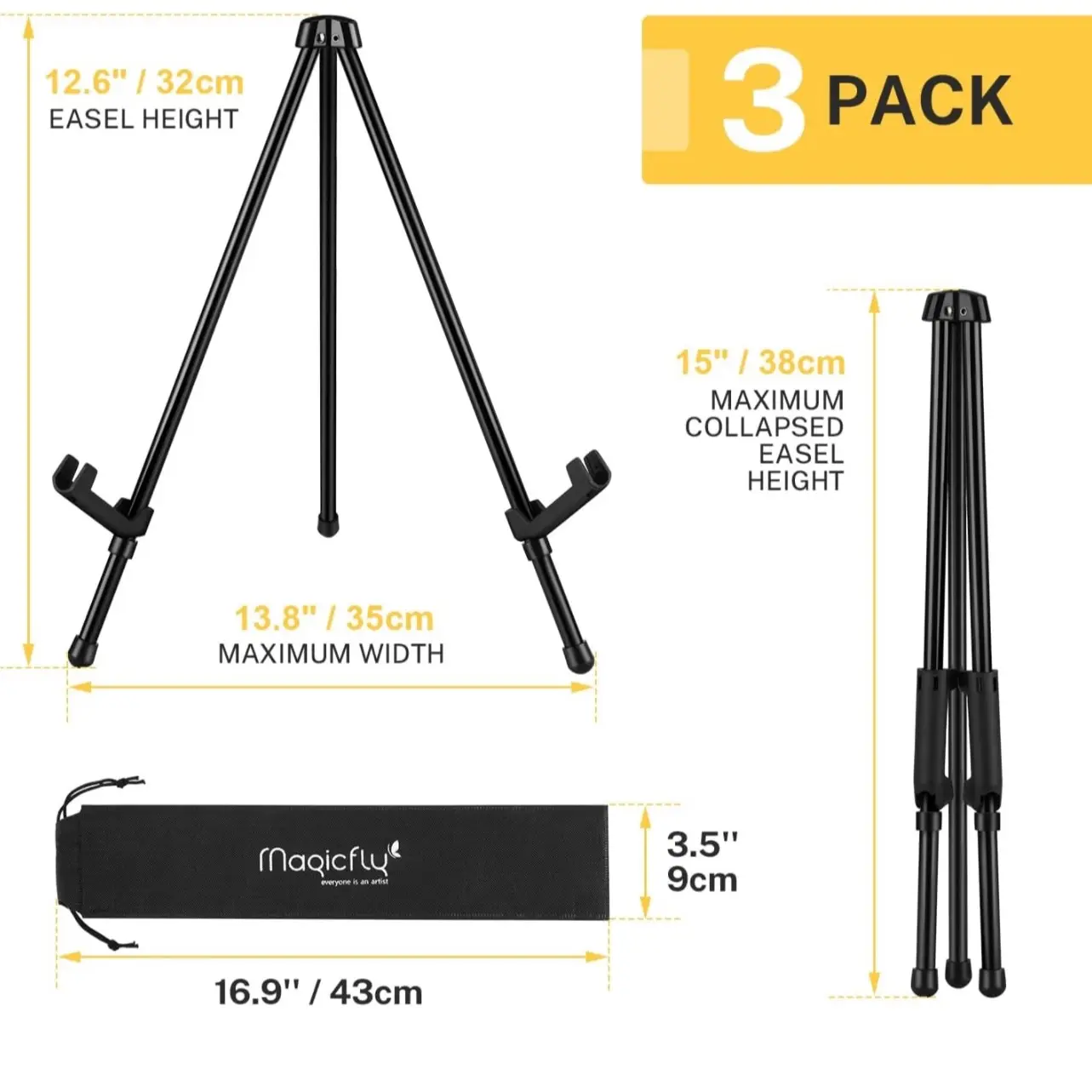 Magicfly Tabletop Instant Easel, Pack of 3, Black Steel Table Top Easels