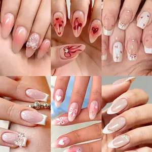 Press-On Nails Variety Set 144 PCS | Short Squoval 6 Designs: 3D Pearl Charms, Blush Aura, Holographic Ribbon | 12 Sizes | with Glue & Tabs | Ashowner