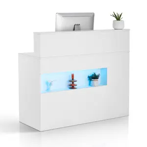 【Summervibes】VEVOR Reception Desk, 47 Inch Rectangular Front Counter Table, Office Reception Desk with LED Light, 2 Drawers and Power Outlets, for Checkout, Lobby, Beauty Salon and Office, White