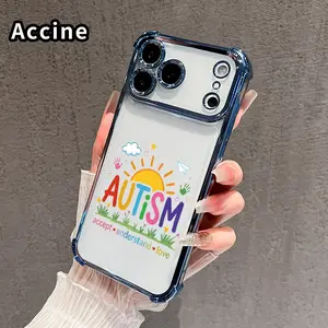 Phone Case for iPhone 17 16 Pro Max 15 Plus 14 13 12 11 E Air Autism Love & Understanding Four Corners Air Cushion Pattern Anti-drop Cell Electroplated Transparent Silicone Cover