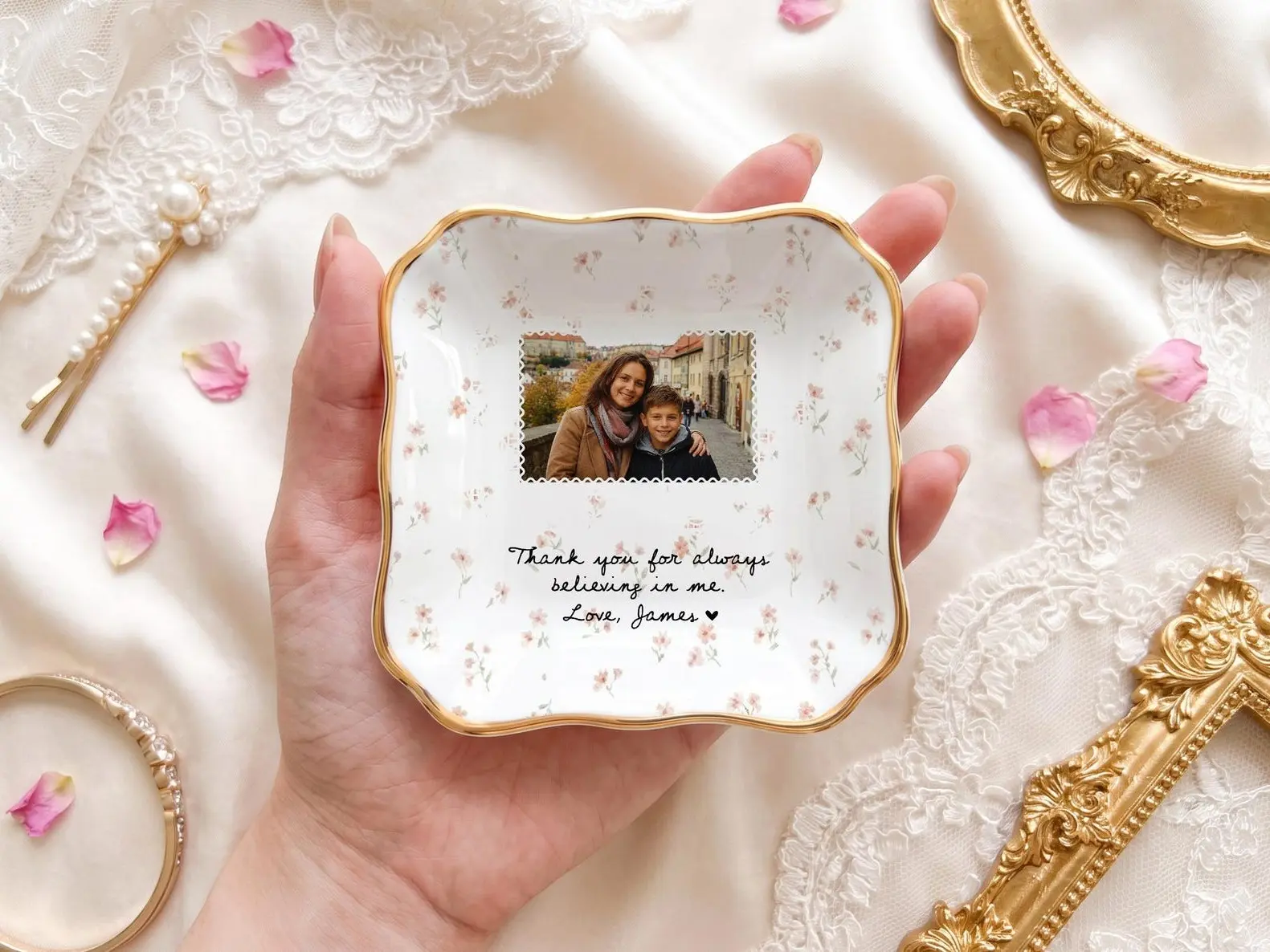 Custom Mom Photo Trinket Dish, Mother of Bride Wedding Gift, Personalized Ceramic Jewelry Tray, Sentimental Gift for Mom