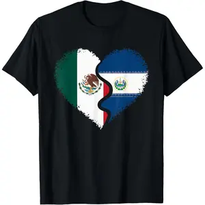 Men's Casual Short-Sleeve Cotton Knit T-Shirt - Funny Graphic Round Neck, Half Mexican Half Salvadorian Design, El Salvador-Mexico Flag, Streetwear Fabric Sports Top, Outdoor Wear