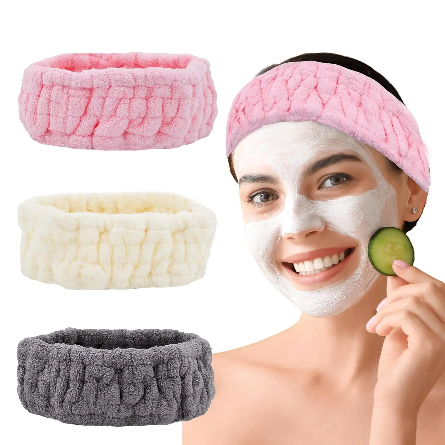 Microfiber  Headband 3-Pack, Soft Terry Cloth Headband for Washing , Facial Mask, Makeup, Shower, Yoga,  for Women and Teens (Gray+Milk White+)