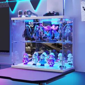 FREDEES Lighted Clear Glass Display Case - for Figures & Collectibles, Small 2-Tier Display Cabinet with Charging Station, LED Display Box with Lights & Human Sensor, for Model Car, Perfume Articulating Figurines