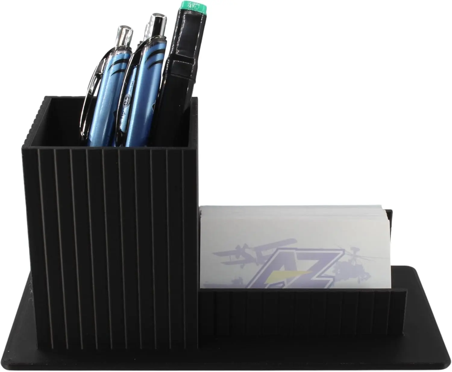 3D Printed Desk Organizer Pencil Holder with Business Card Stand, Black – Pen Cup + Business Card Holder for Office, Home Office, Teacher, Reception – Made in USA