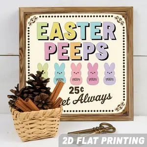 2D Vintage Easter Peeps Chick Wood Framed Wall Sign - 8x8 Inch Wood Hanging Decoration with Cute Bunny Egg Candy Plaque for Spring, Kitchen & Easter Decor