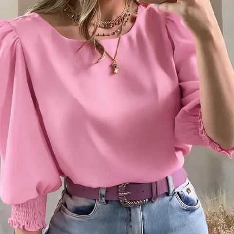 Women's Elegant Casual Chic Shirt with Gathered Cuffs, Boho Loose Blouse, Fashionable Blouse for Daily Wear, Stylish Ladies' Top for Comfort and Style