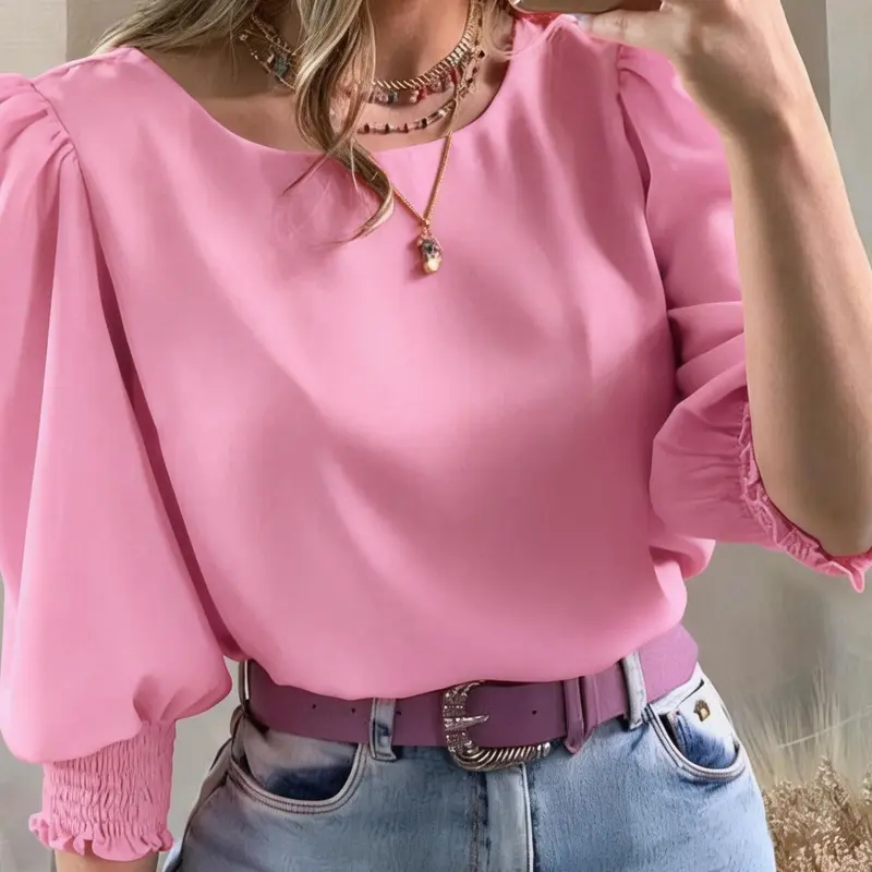 Women's Elegant Casual Chic Shirt with Gathered Cuffs, Boho Loose Blouse, Fashionable Blouse for Daily Wear, Stylish Ladies' Top for Comfort and Style