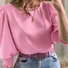 Women's Elegant Casual Chic Shirt with Gathered Cuffs, Boho Loose Blouse, Fashionable Blouse for Daily Wear, Stylish Ladies' Top for Comfort and Style