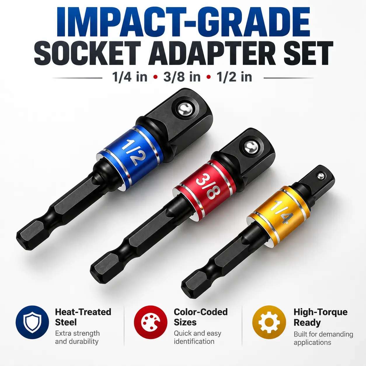 TOOLAZO 3-Piece Impact Socket Adapter Set, 1/4 in, 3/8 in & 1/2 in Drive, Heat-Treated Steel 1/4 in Hex Shank Socket Wrench Converters for Impact Drivers, Drills, Auto Repair & DIY
