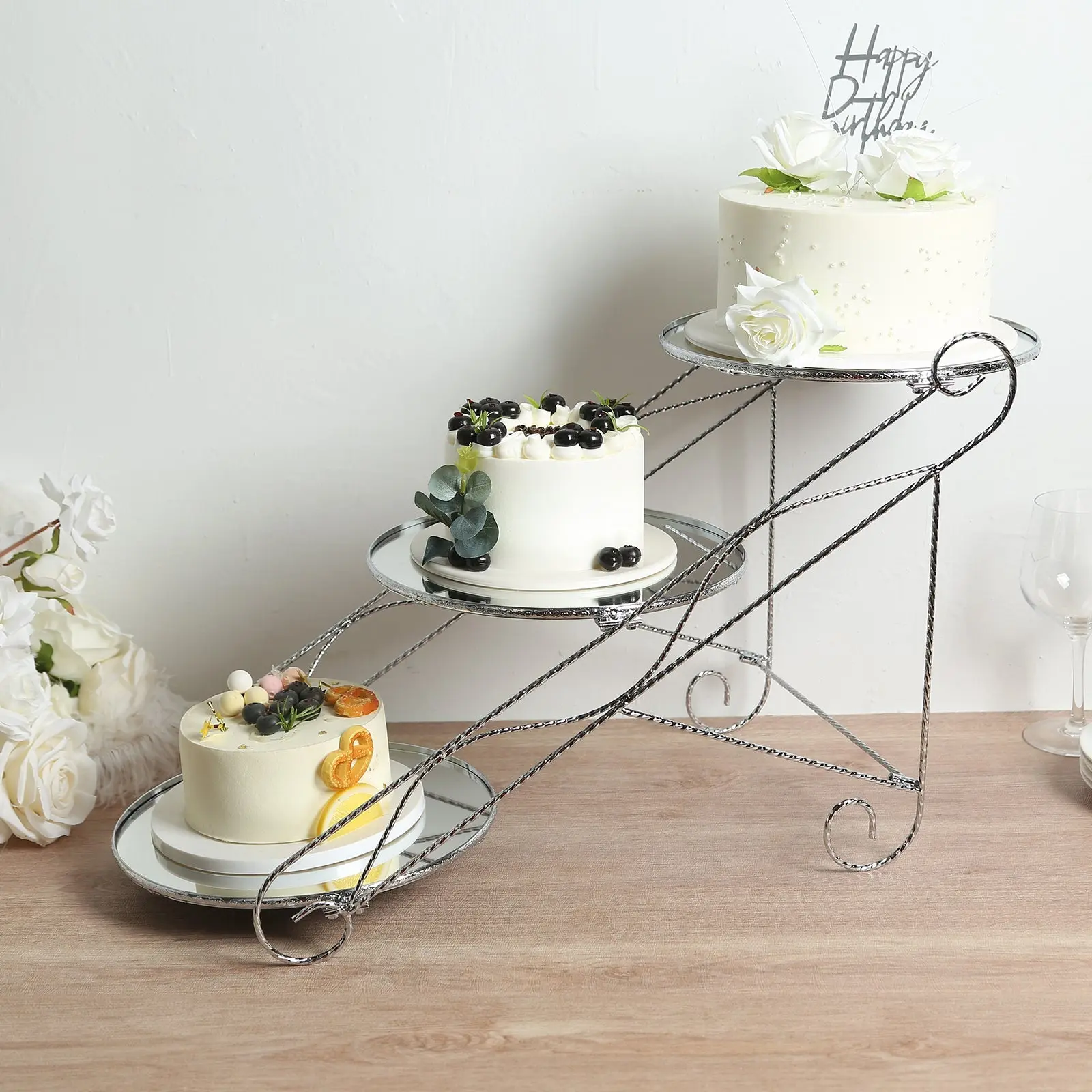 Silver 3-Tier Cascading Cake Stand with Round Mirror Trays, Metal Dessert Display & Serving Platter (16"x19") - Decor for Cupcake Display, Birthdays