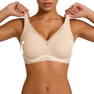 Women's Wireless V Neck Crossover Mesh Jelly Bras Comfortable Bralette Supportive Tshirt Bra No Underwire Full Coverage Push Up Everyday Bras Womenswear Adjustable Underwear