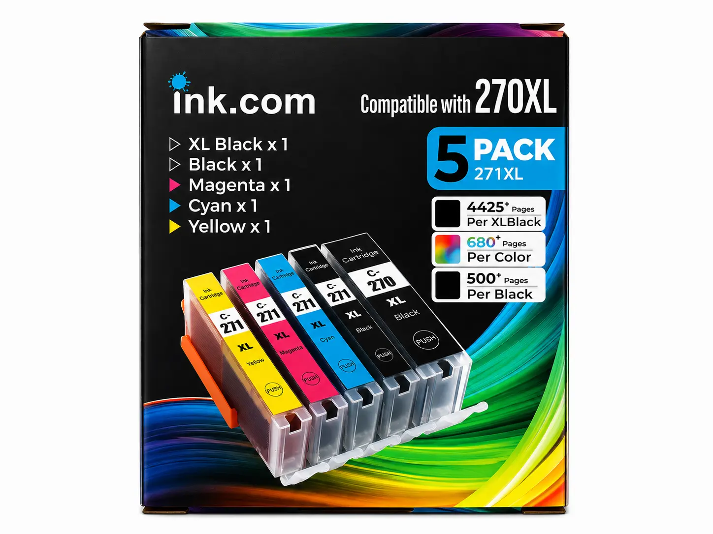 Ink.com High-Yield Replacement Pigment Ink Cartridges (PGI-270XL, CLI-271XL) 5-Pack - Easy Installation, High Capacity Ink, for Canon PIXMA Graphics Printers MG7720, MG6820, TS9020, MG5720, Supports Wireless & Wired Printing, Reliable Output