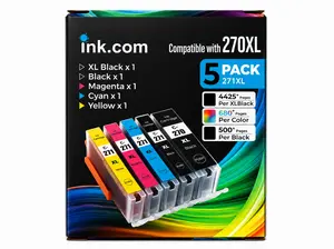 Ink.com High-Yield Replacement Pigment Ink Cartridges (PGI-270XL, CLI-271XL) 5-Pack - Easy Installation, High Capacity Ink, for Canon PIXMA Graphics Printers MG7720, MG6820, TS9020, MG5720, Supports Wireless & Wired Printing, Reliable Output
