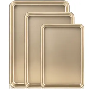 Baking Sheet Pan Set of 3, Commercial Cookie Sheets for Baking, Nonstick Half/Quarter/Jelly Roll Pans Replacement Toaster Oven Tray, Heavy Duty & Easy Clean, Champagne Gold Stove Plate Household Appliances Square